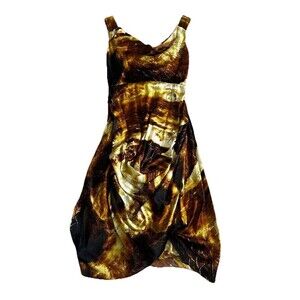Gary Graham Dress Womens 8 Gold Black Silk Layered Raw Hems Edges Midi Art